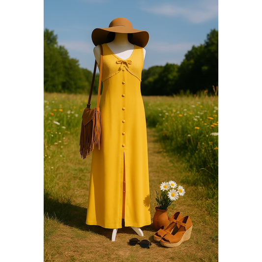 Vintage 1960s Marigold Yellow Maxi Dress | Empire Waist Lace Bodice with Daisy Trim & Bow | Boho Hippie Festival Gown | Women's Size M