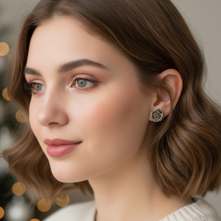 Mid-Century Sterling Silver Rose Stud Earrings – Petite Floral Posts, Tested Sterling