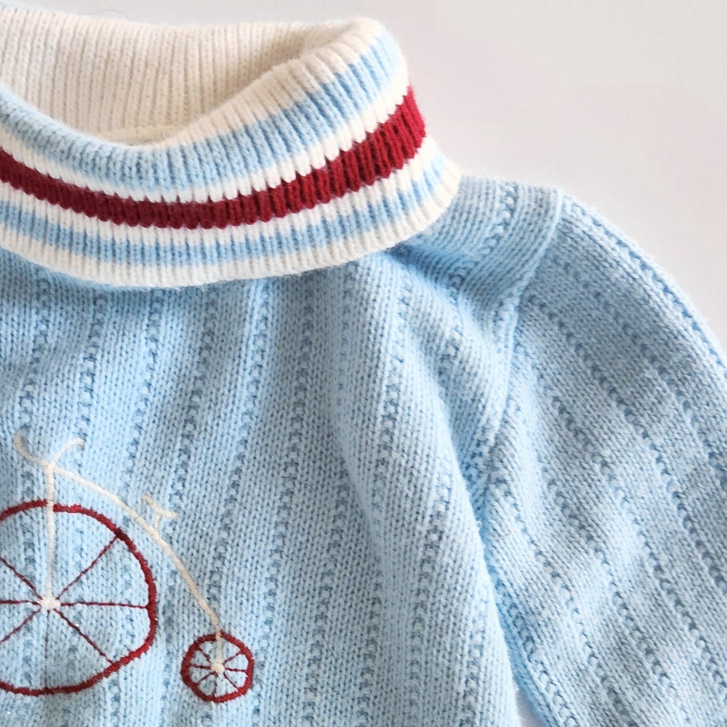 1960s Turtleneck Sweater – Baby Blue with Penny Farthing Embroidery – Size 2T