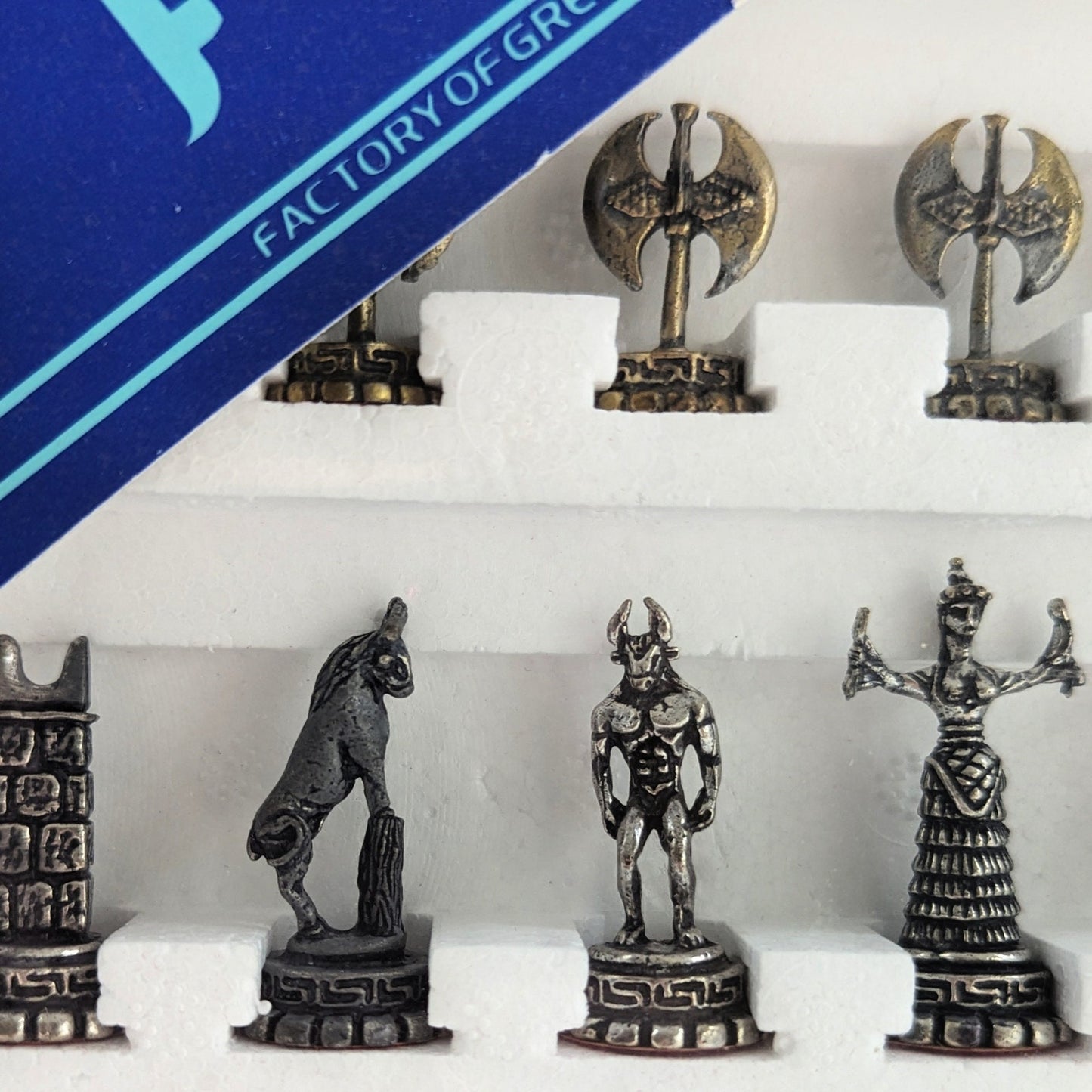 Vintage Forma Greek Mythology Chess Set – Never Opened – Brass & Pewter Pieces 1.5"–2.25" – Collectible Home Display