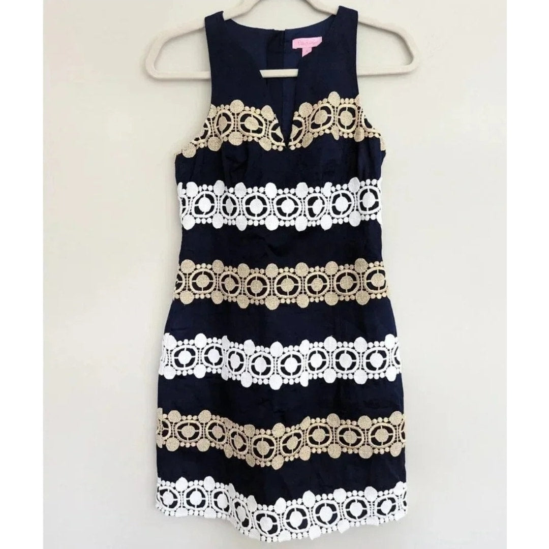 🌸 Lilly Pulitzer Augusta Shift Dress Navy Blue White Gold Lace Trim – Size 0 XS