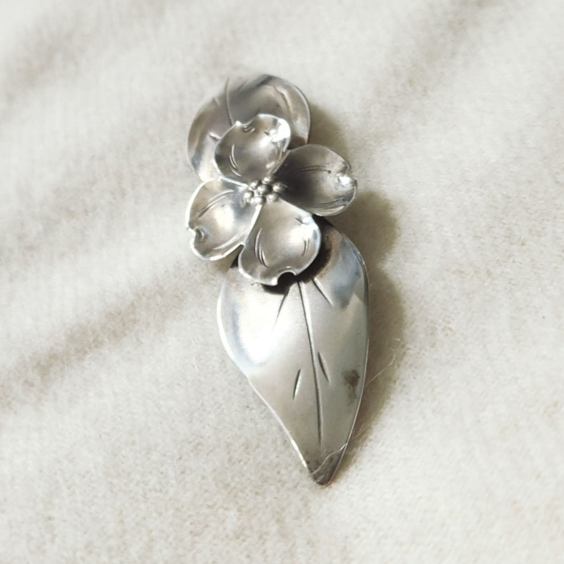 1940s Sterling Silver Dogwood Brooch | Handwrought Signed Silver Floral Pin