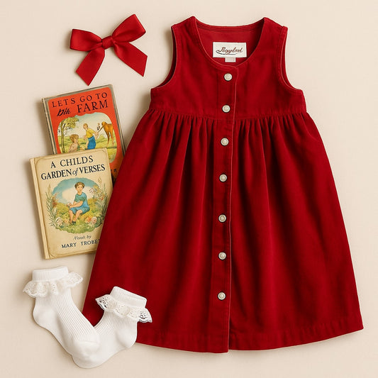 Vintage 90s Storybook Heirlooms Red Corduroy Jumper Dress USA Made | Girls Size 5