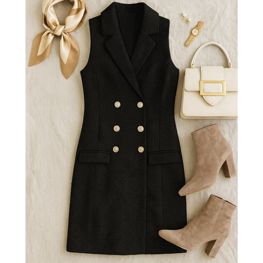 Black Boucle Tweed Sleeveless Double-Breasted Blazer Dress | Women's S