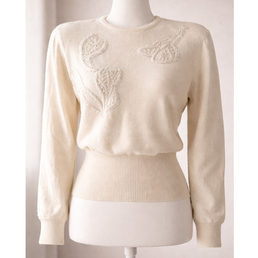 L’eau Vive 1980s Vintage Beaded Ivory Wool & Angora Sweater
