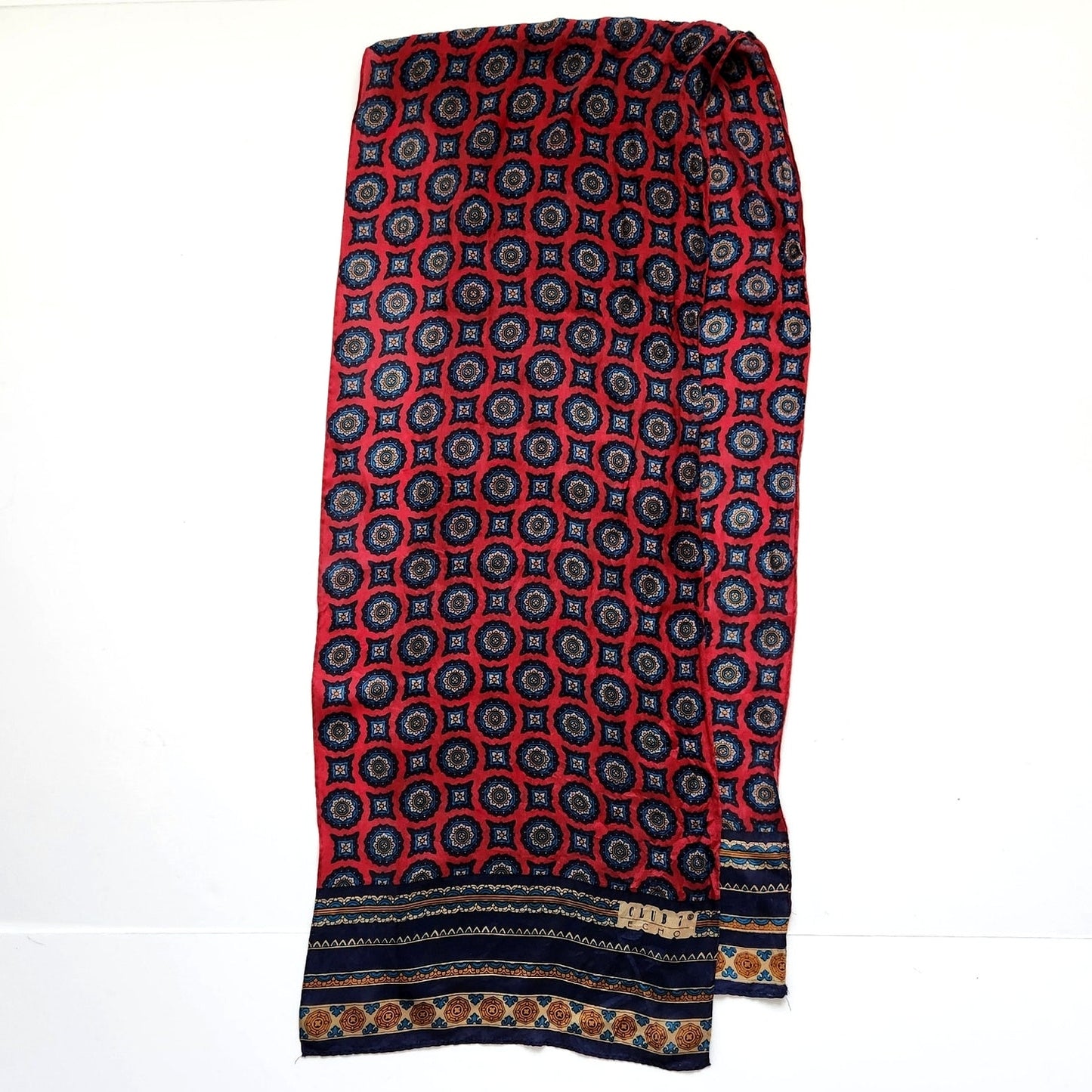 Vintage 1990s Women's Club 7 Echo Silk Scarf – Red & Navy Geometric Print – 26"x11"