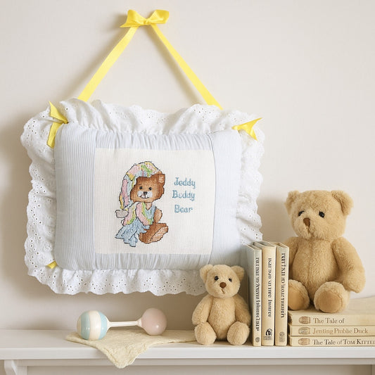 Vintage 80s Teddy Beddy Bear Cross Stitch Baby Pillow – Blue Stripes Yellow Ribbon Nursery Décor