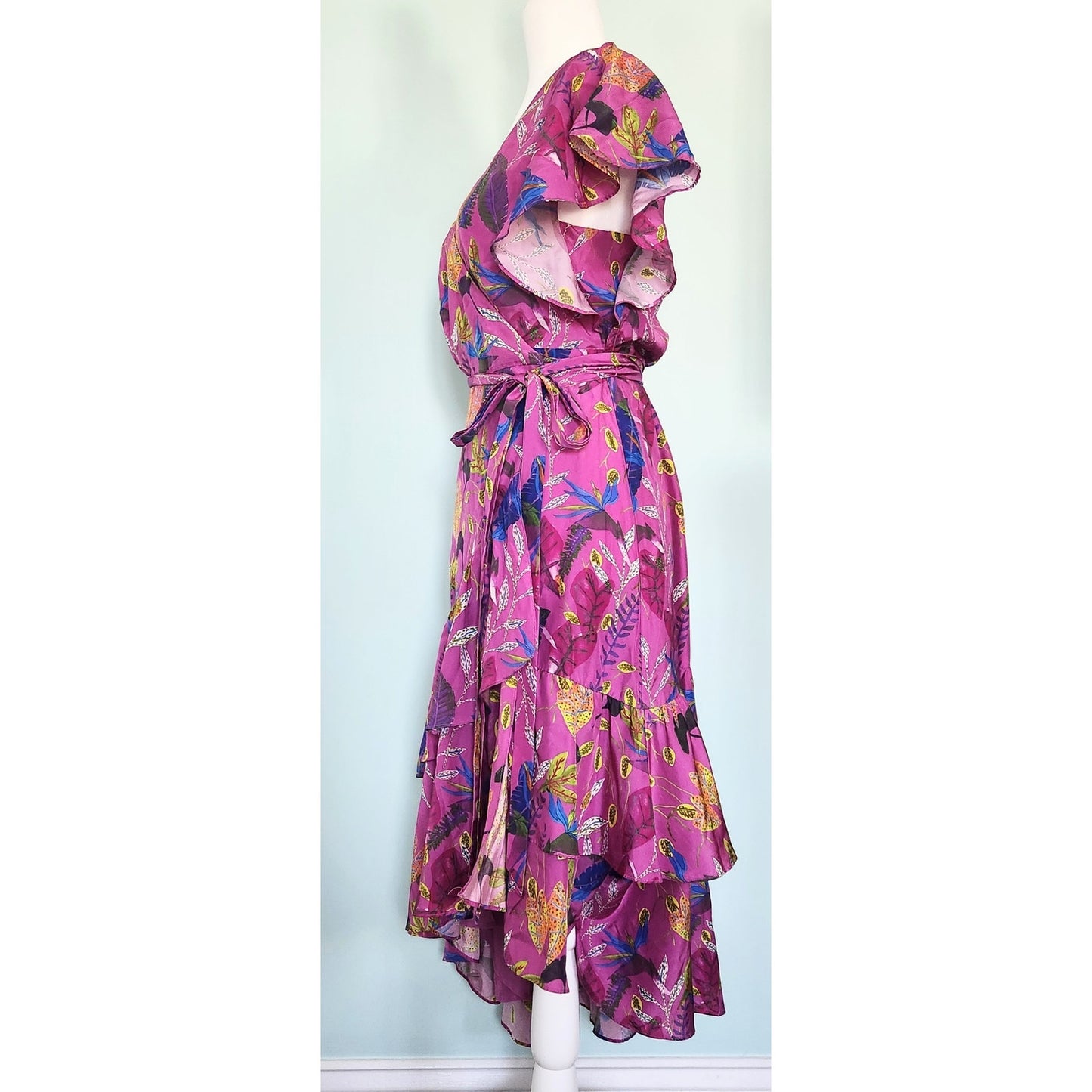 Tanya Taylor Dita Silk Wrap Ruffle Dress – Jungle Leaves Purple – Size 8
