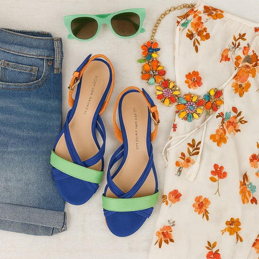 Loeffler Randall Women’s Strappy Flat Sandals Blue Orange Mint Green Suede Size 8