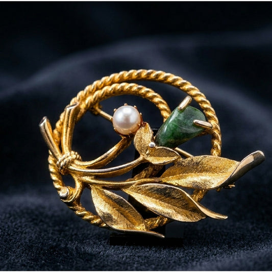 Vintage Gold Leaf Brooch with Pearl & Green Stone | Mid Century Botanical Pin