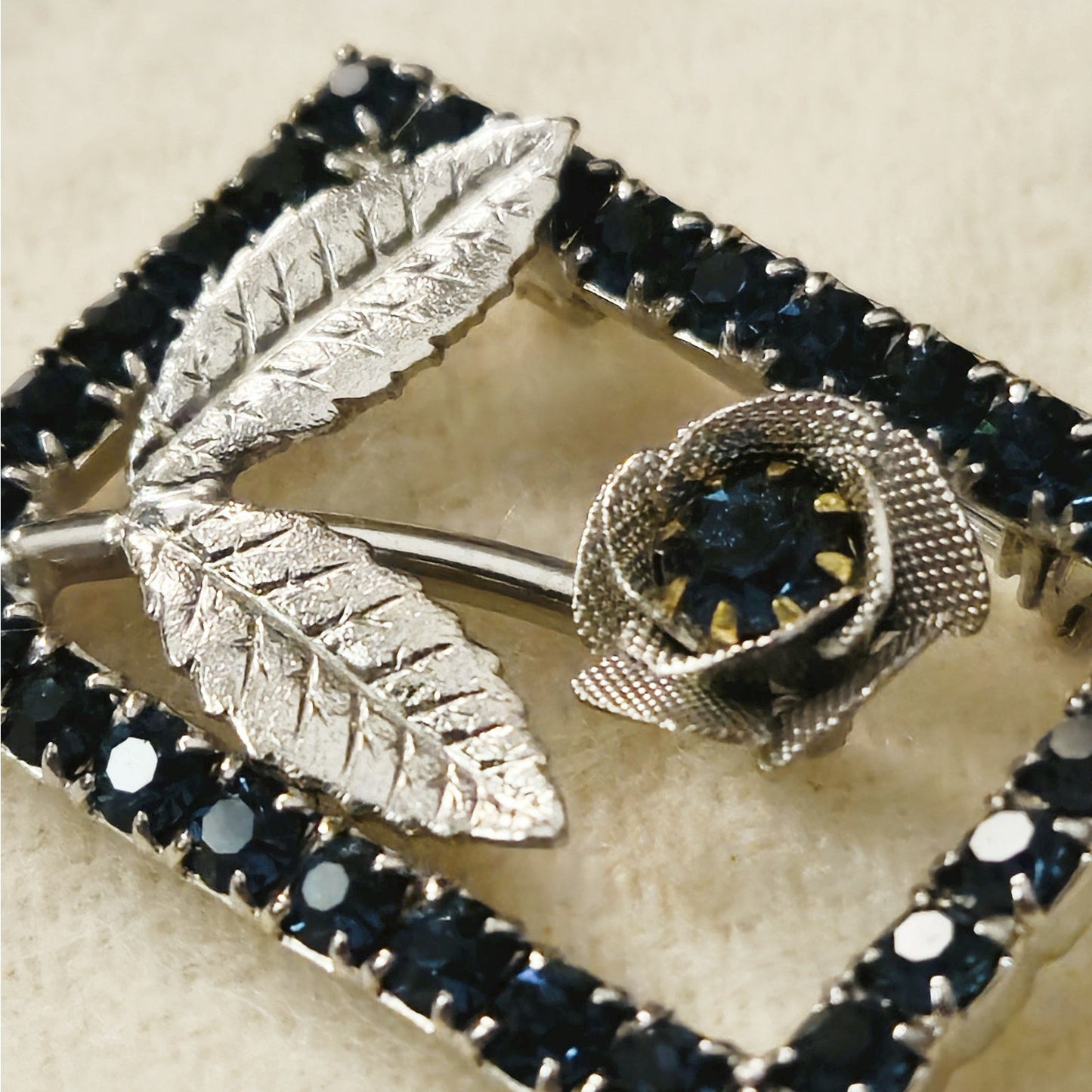 Vintage Mid-Century Blue Rhinestone Flower Brooch | Sapphire Crystal Rectangular Pin