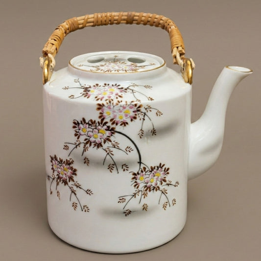 Mid-Century Japanese Cherry Blossom Porcelain Teapot with Rattan Handle | Vintage 1950s