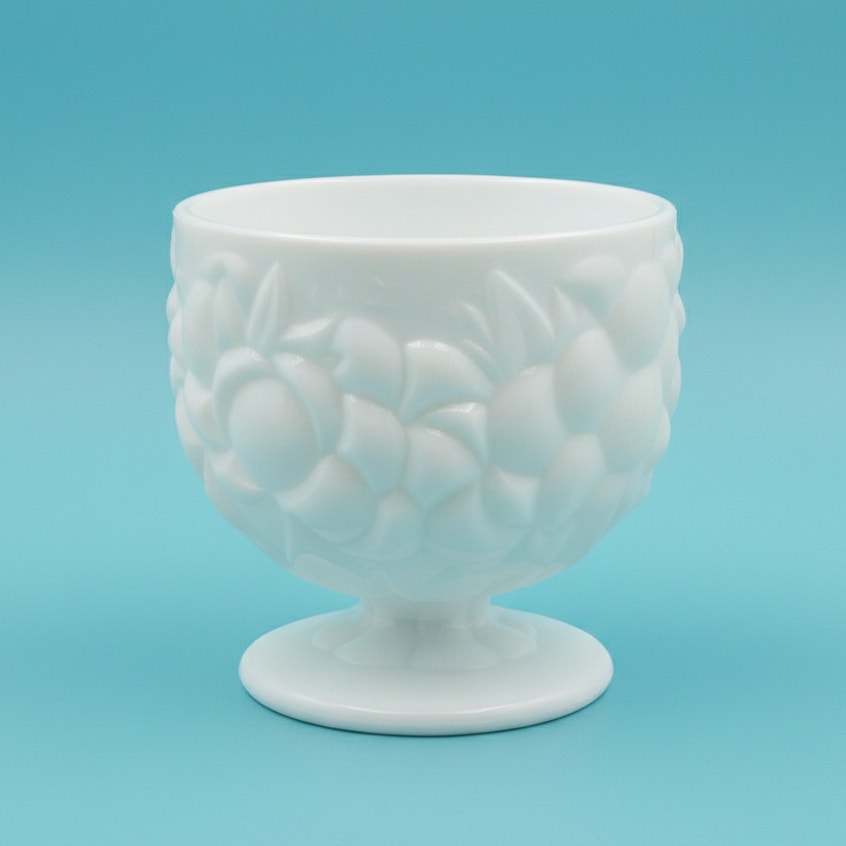 Vintage Milk Glass Pedestal Compote – Grape Pattern 5” Bowl