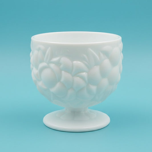 Vintage Milk Glass Pedestal Compote – Grape Pattern 5” Bowl