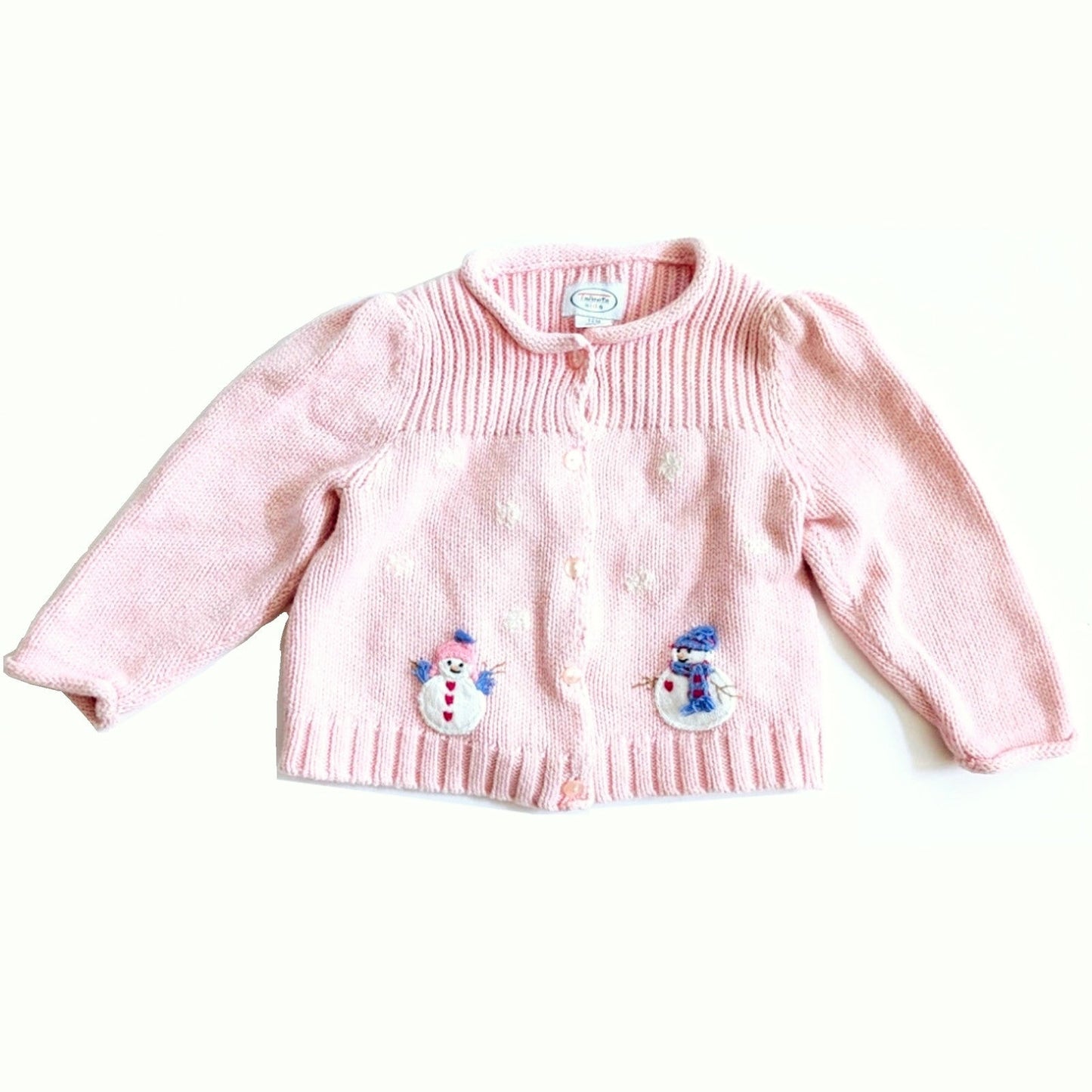 Talbots Kids Vintage 1990s Baby Girl Winter Cardigan | Pink Cotton Knit Sweater with Snowman Appliques | Puff Sleeves 12M | Eczema-Friendly
