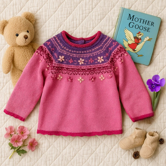 Vintage 1990s Carter’s Toddler Girls Fair Isle Sweater – Pink & Purple Floral Knit – Size 2T