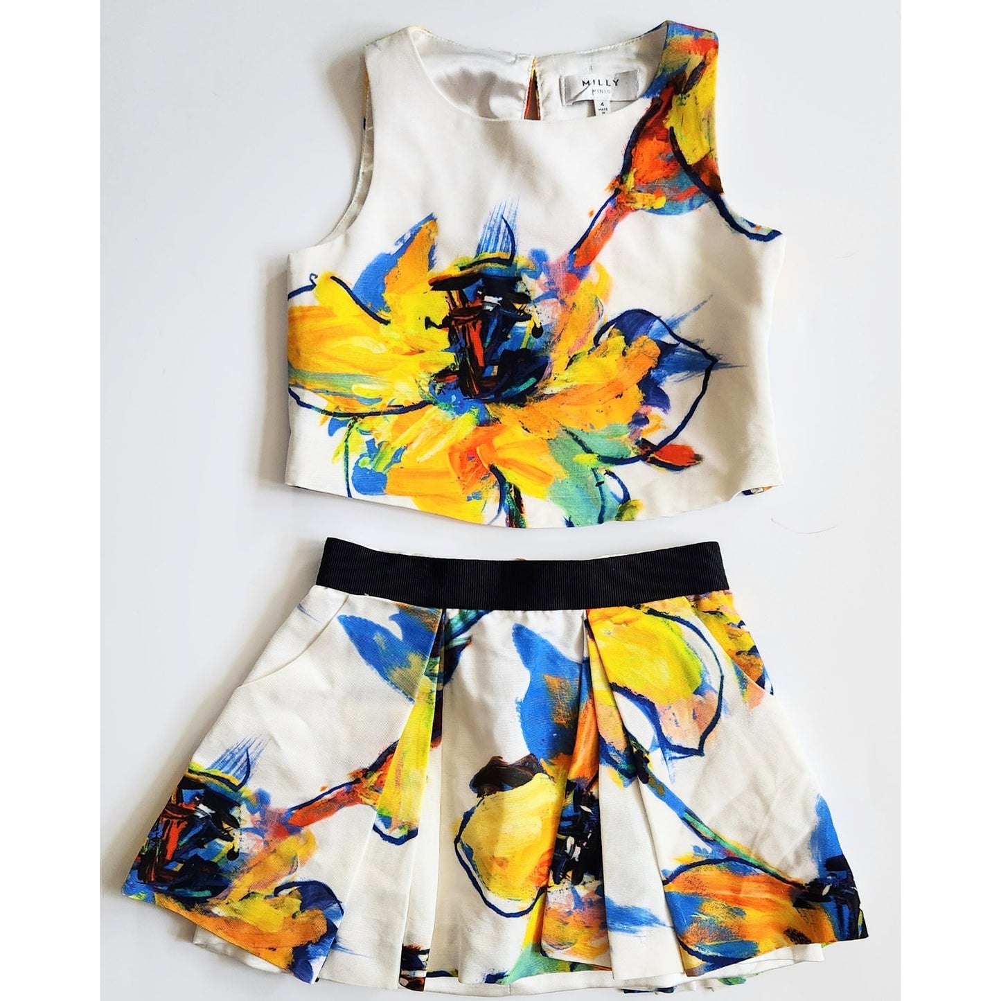 Milly Minis Girls Art Floral Two Piece Set | Sleeveless Crop Top & Skirt | Size 4
