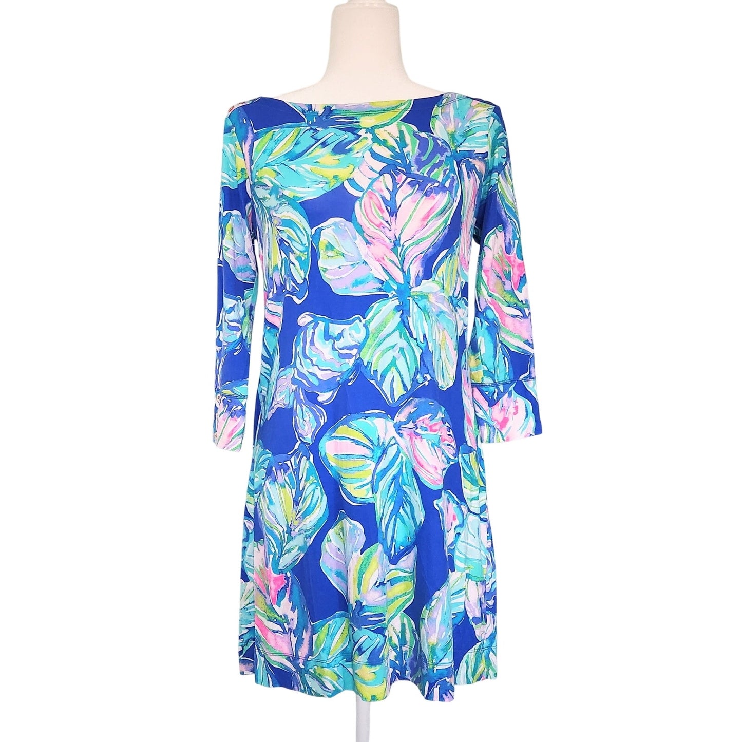 Lilly Pulitzer Marlowe Dress Lapis Blue Pop Up Jungle Hoppin 3/4 Sleeve Women's Size Medium