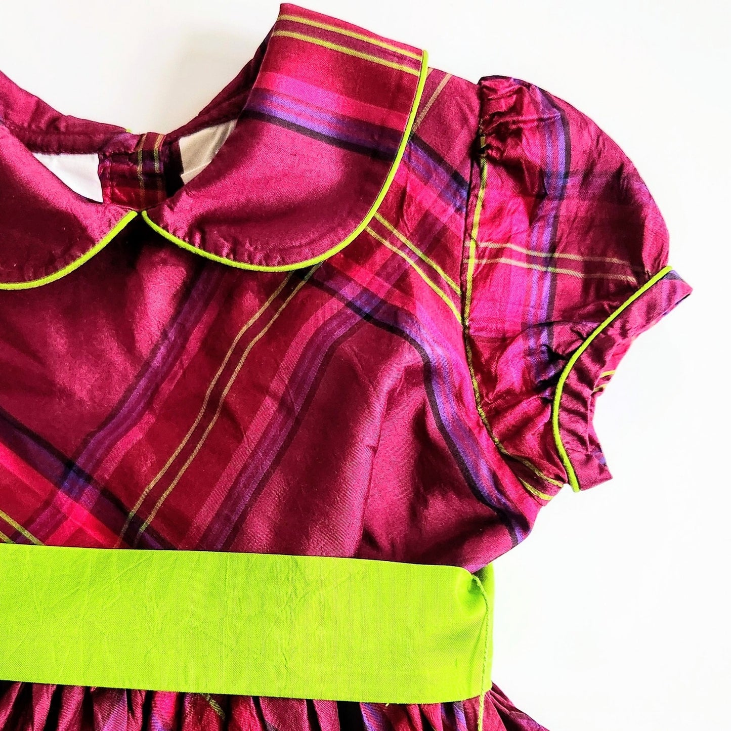 Lilly Pulitzer Vintage 1990s Girls Silk Plaid Dress – Size 5 | Purple & Green Taffeta Party Dress with Puff Sleeves and Grosgrain Ribbon