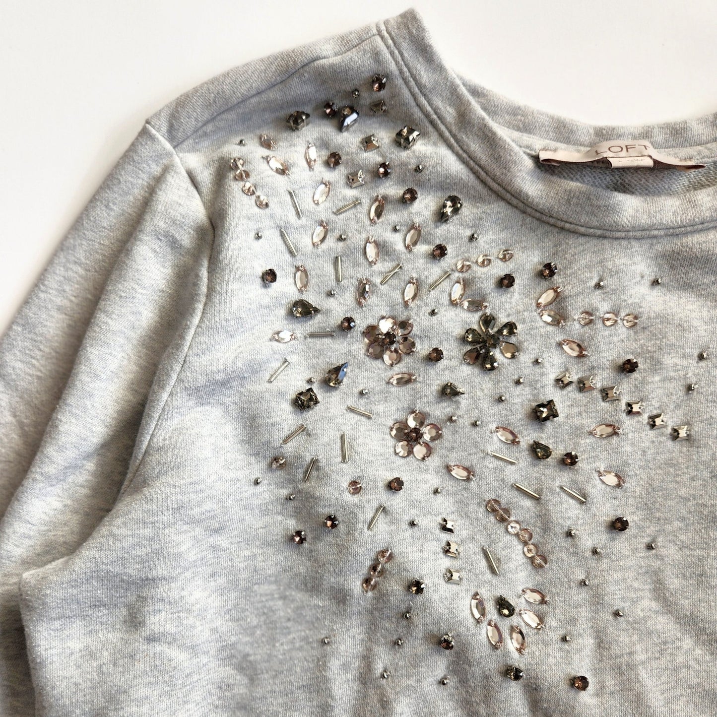 Embellished Gray Crewneck Sweatshirt | Smoky Silver Studs | Women's L