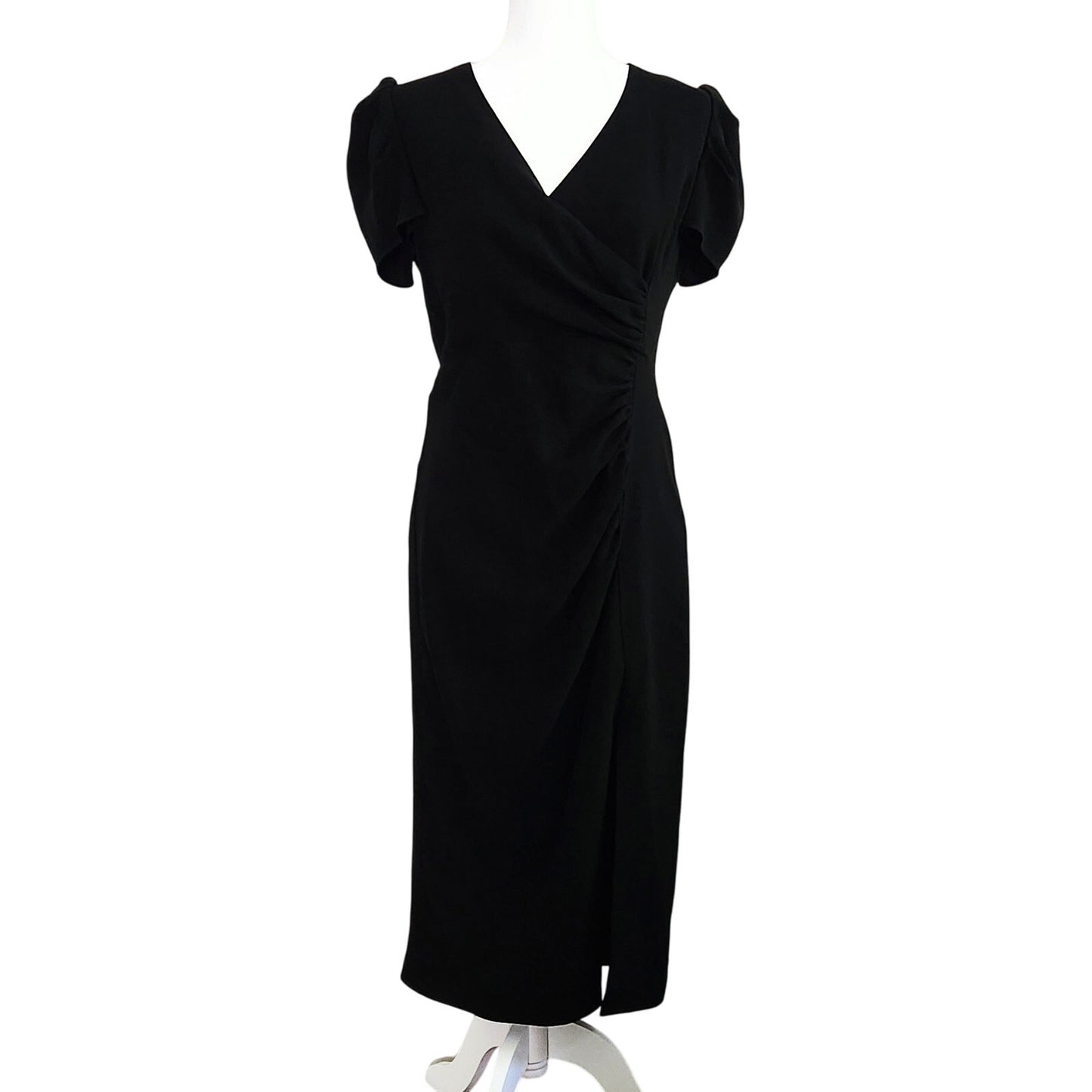 Shoshanna Women's Caldwell Puff Sleeve Faux Wrap Midi Dress – Jet Black – Size 8