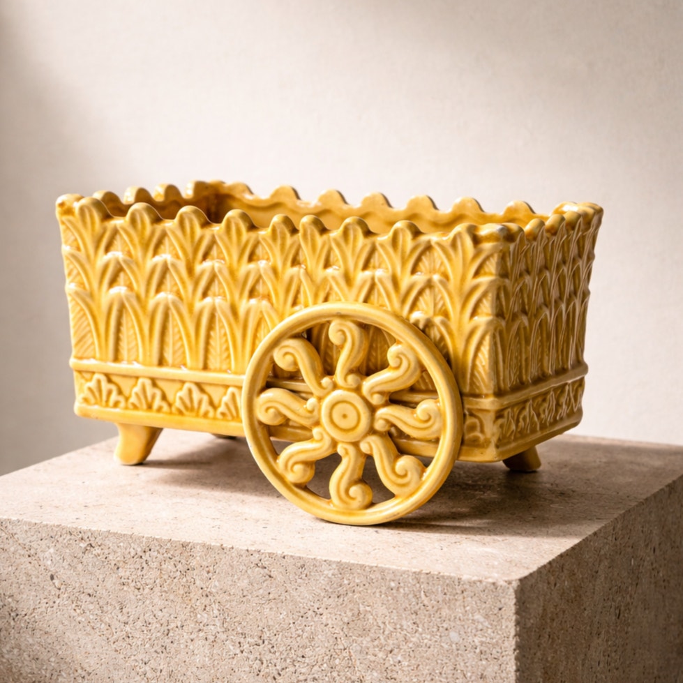 Mid-Century Art Deco Wagon Planter  1940s–1950s Ceramic | Architectural Relief | Honey Glaze