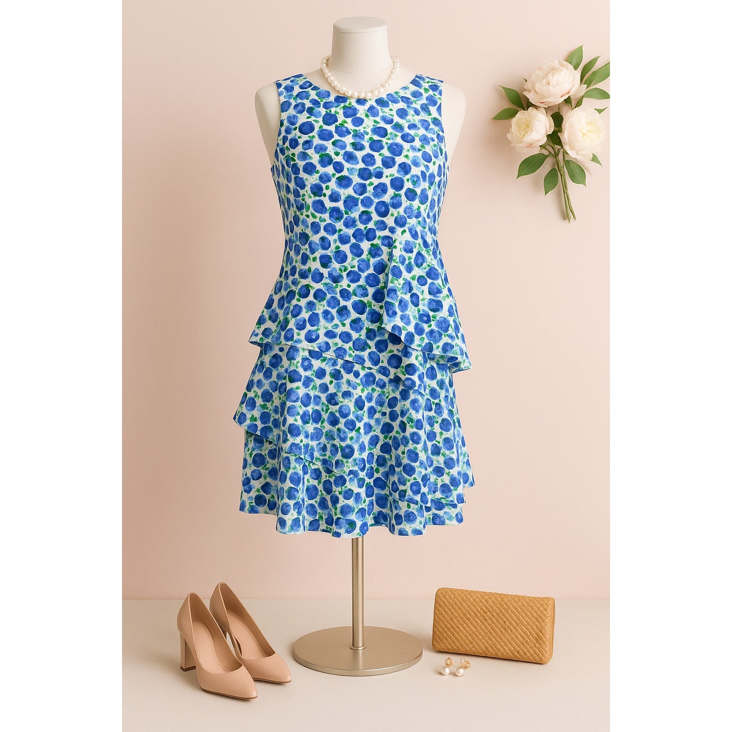 Lauren Ralph Lauren Ruffled Crepe Dress | Blue Floral Print Colonial Cream | Women's Size 14 | Sleeveless Shift