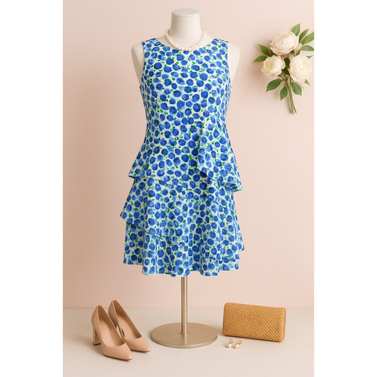 Lauren Ralph Lauren Ruffled Crepe Dress | Blue Floral Print Colonial Cream | Women's Size 14 | Sleeveless Shift