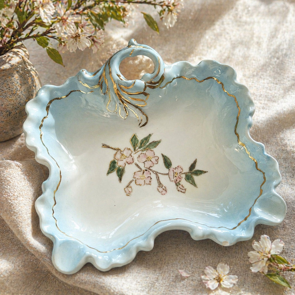 Vintage Hand-Painted Blue Cherry Blossom Trinket Dish | Signed “Lehe 1960”