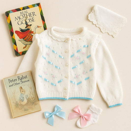 Vintage 1950s Baby Girl Cardigan Sweater | White Knit w/ Floral Embroidery & Ribbon | Size 2T | Heirloom Retro Easter Outfit