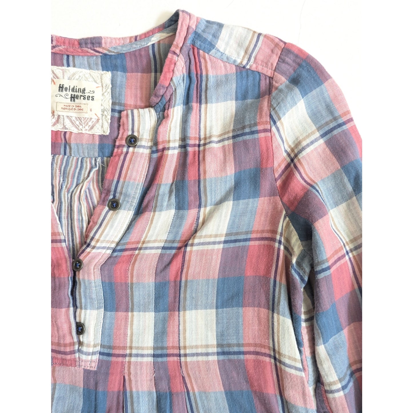 Anthropologie Holding Horses Plaid Tunic Top | Women’s 6 | Pink Mauve Blue Cotton Gauze | High Low Blouse
