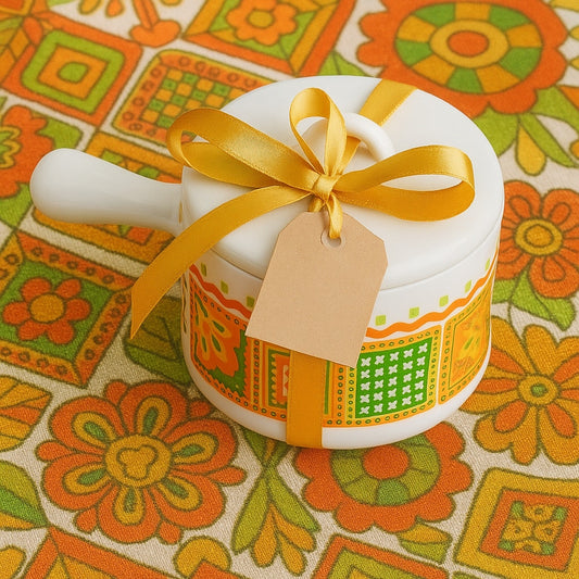 Vintage 1970s Avon Milk Glass Jar with Unopened Candle - Orange Green Yellow Mod Design - Home Decor