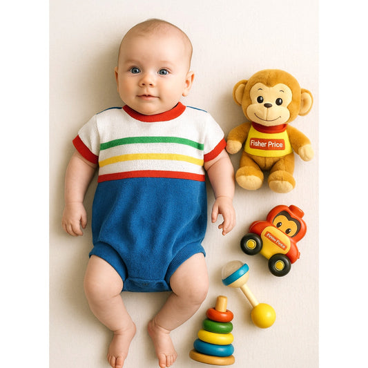 Vintage 1980s Terry Cloth Baby Romper – Colorblock Blue White Red Green Yellow Stripes – Newborn up to 14 lbs – Retro Infant One Piece