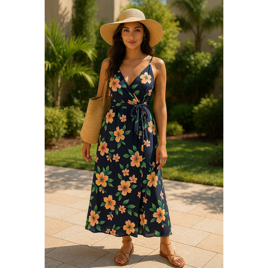 Market & Spruce Women's Sleeveless Blue Floral Hellena Wrap Maxi Dress | Size L