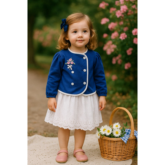 Vintage Carter's Toddler Girls Blue Rose Bouquet Cardigan – White Trim Buttons – Size 3T – 1980s Classic - Made in USA