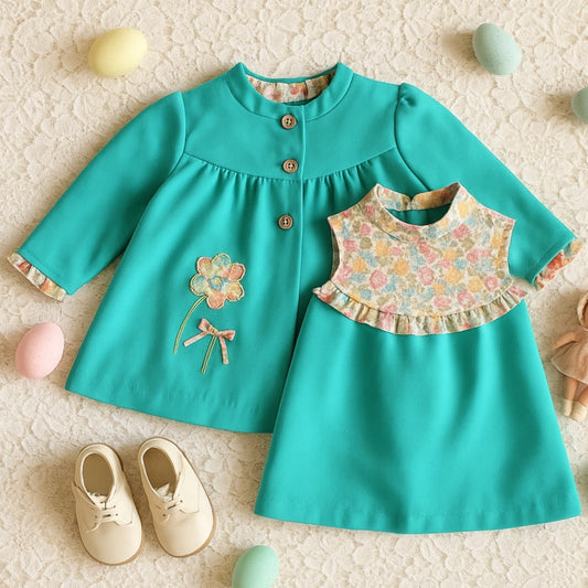 Vintage Mid-Century Terri Girl Teal Twill Floral Dress with Overcoat | Size 2T