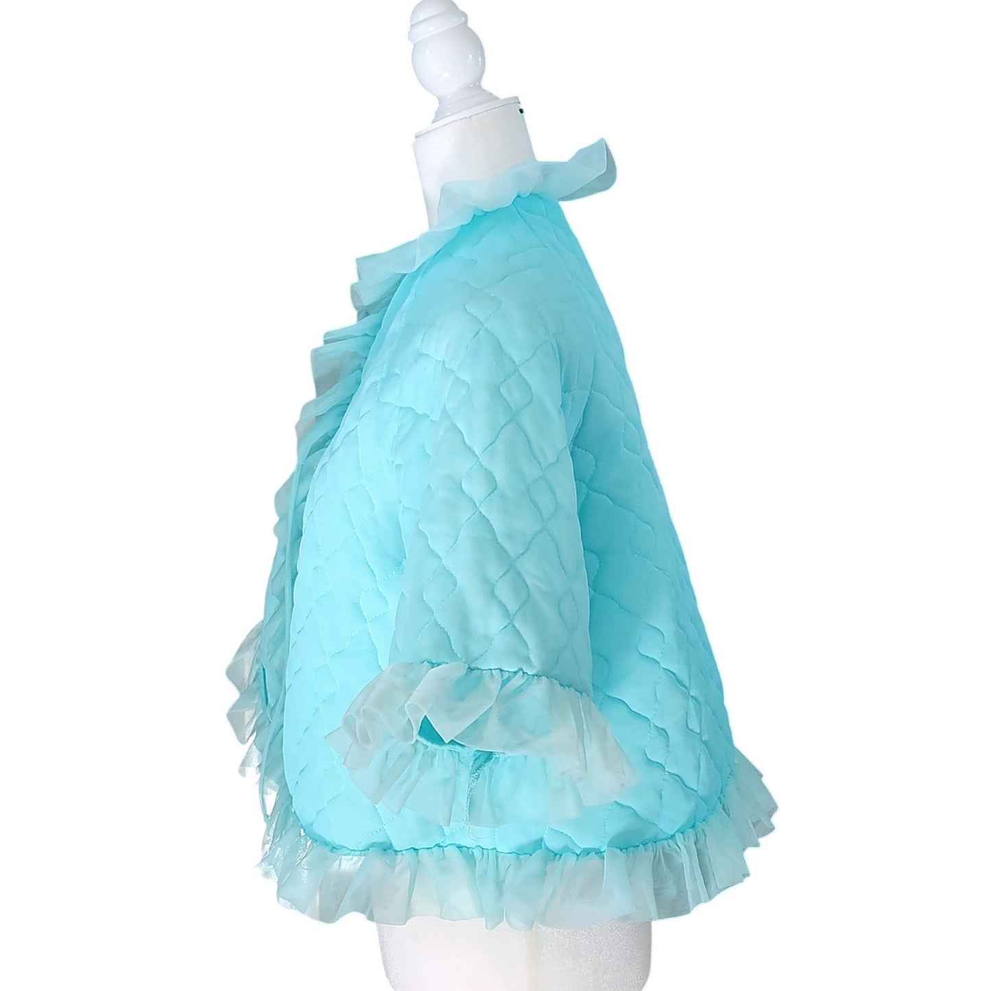 1960s Aqua Blue Quilted Nylon Bed Jacket with Ruffle Trim | Made in California | Women's M