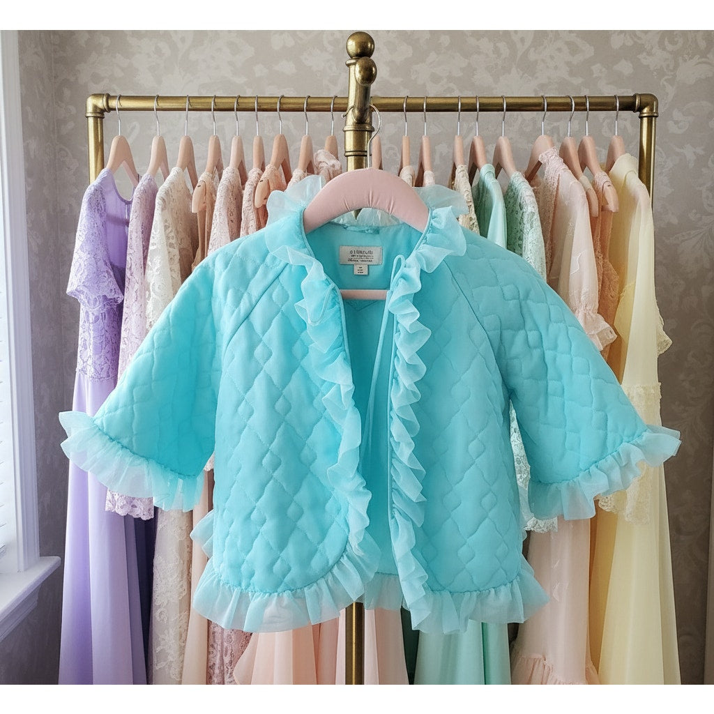 1960s Aqua Blue Quilted Nylon Bed Jacket with Ruffle Trim | Made in California | Women's M