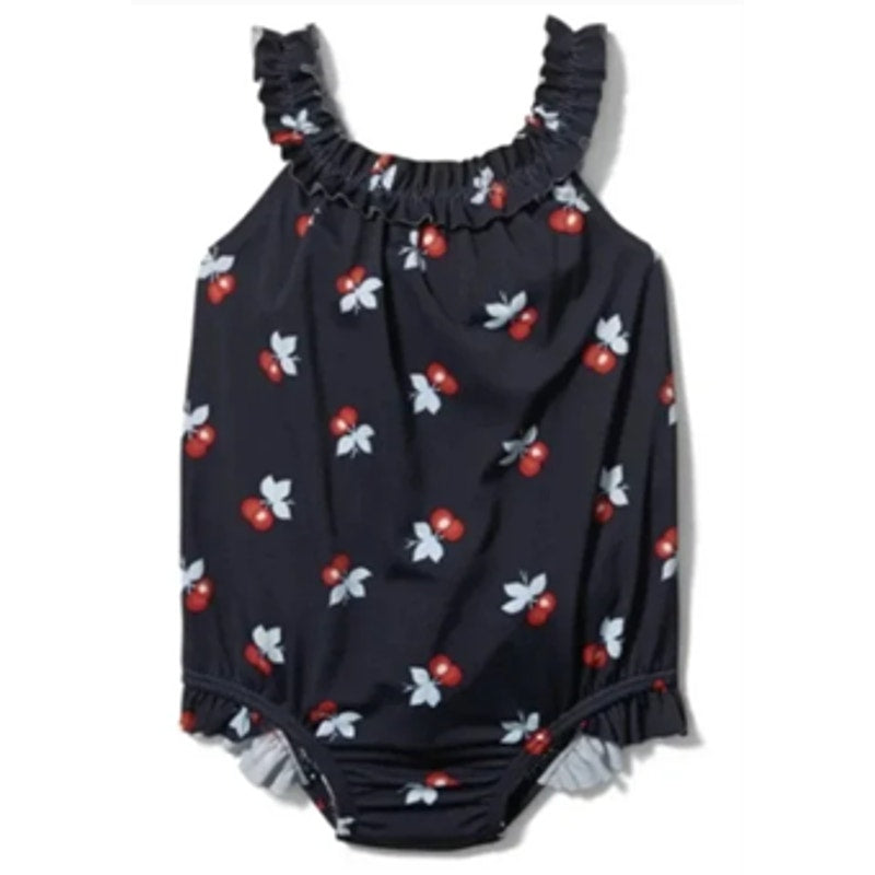 Janie and Jack Navy Blue Merchant Marine Baby Cherry Ruffle Swimsuit Size 12-18 Months
