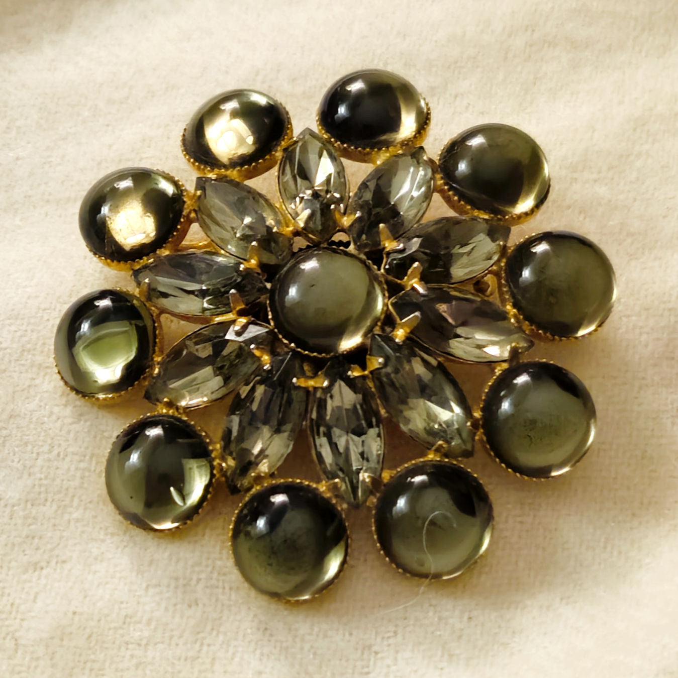 Vintage Olive Green and Smoky Rhinestone Brooch | Large Mid Century Statement Floral Cluster Pin