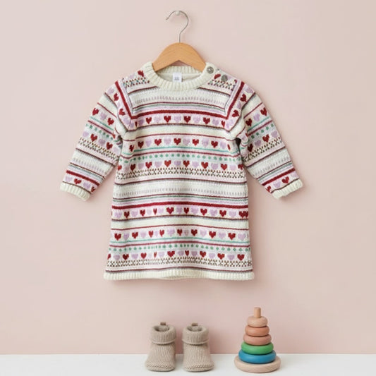 Fair Isle Heart Cotton Knit Sweater Dress – Size 12–18 Months
