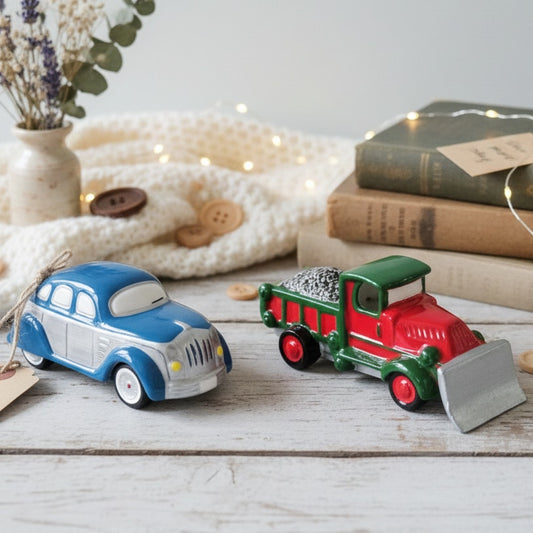 Vintage Department 56 Classic Sedan & Snow Plow — 1990s Snow Village Ceramic Vehicle Set