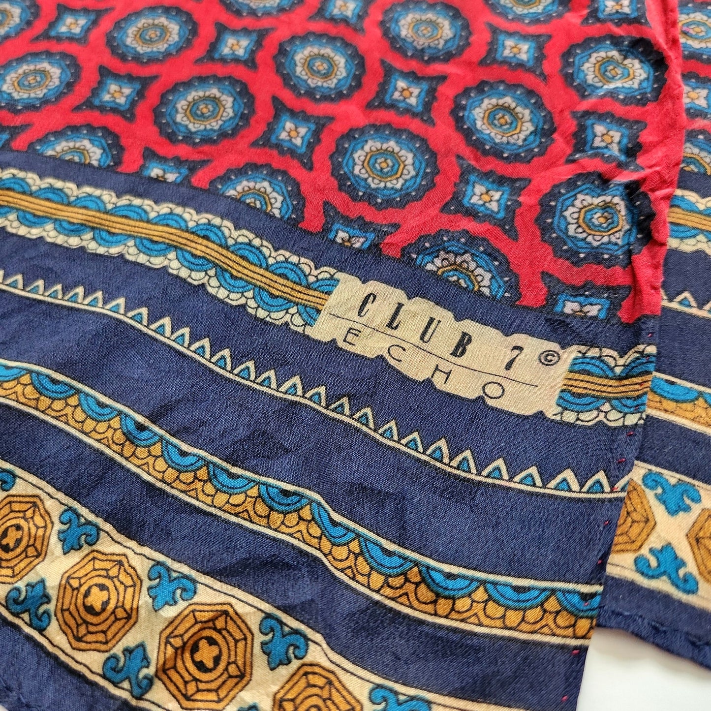 Vintage 1990s Women's Club 7 Echo Silk Scarf – Red & Navy Geometric Print – 26"x11"