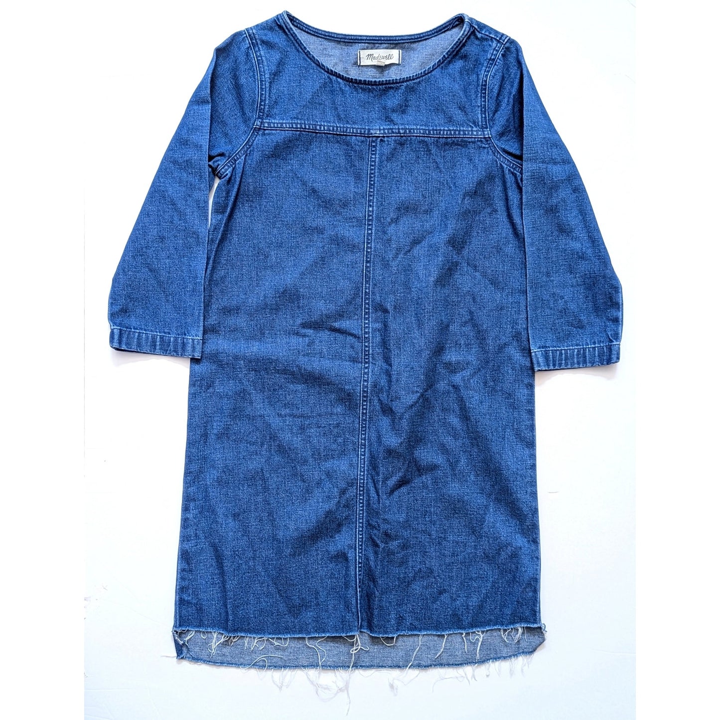 Madewell 3/4 Sleeve Denim Shift Dress Cotton Linen Blend Raw Hem | Women's Size XXS