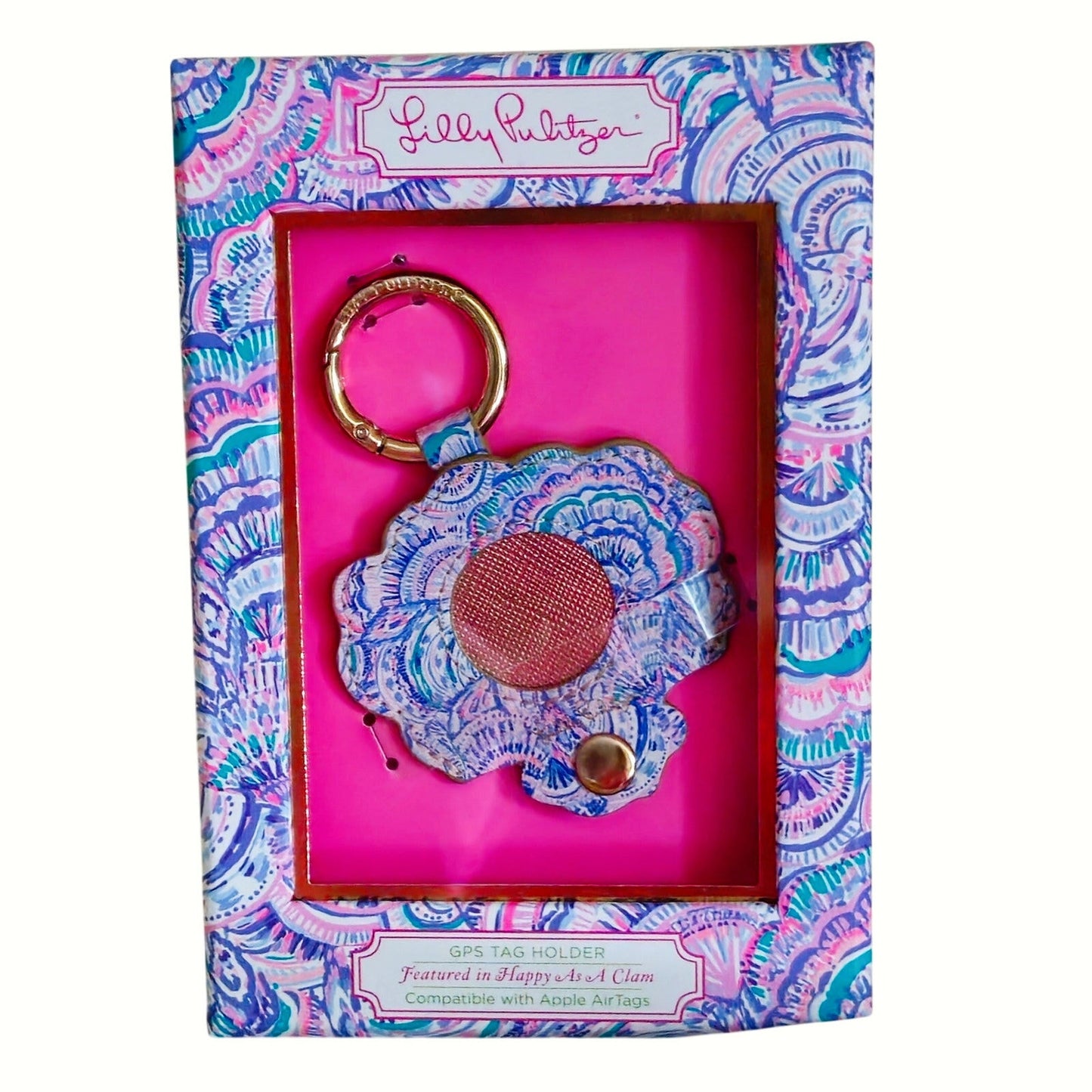Lilly Pulitzer AirTag GPS Holder Keychain NIB | Happy As A Clam Pink Purple