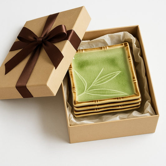 Japanese Bamboo Grass Green Crackle Glaze Square Dishes