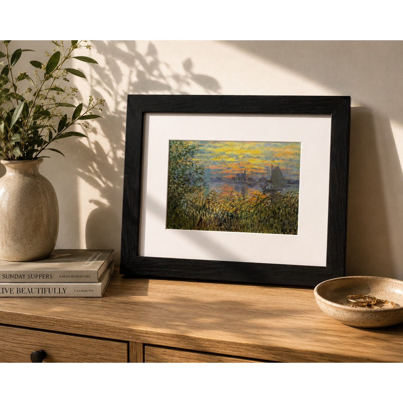 Marine View with a Sunset by Monet | Impressionist Seine River Framed Print