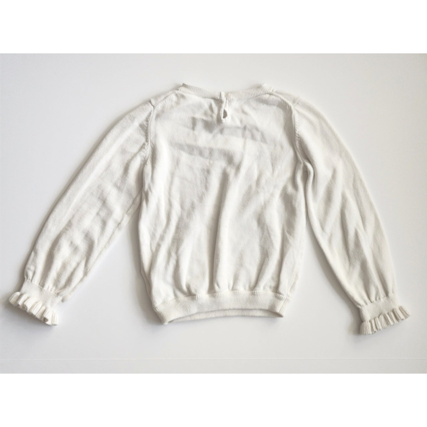 Janie and Jack Ruffle Cuff Dog Sweater | Jet Ivory White Cotton | Girls Size 5