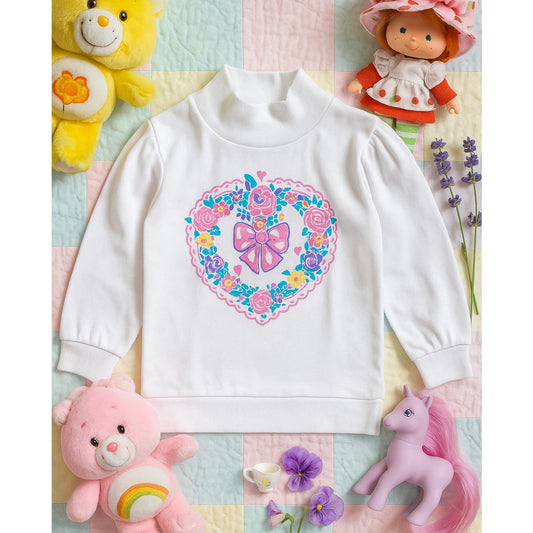 Healthtex Vintage 1980s Girls Mock Turtleneck Shirt – White Long Sleeve, Heart Wreath Bow Print, Retro Toys R Us – Size 5 – Made in USA NWT