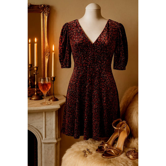 ✨ TOPSHOP “Bizzy Lizzy” Red Velvet Floral Puff Sleeve Tea Dress | Size 12 ✨